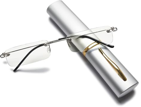 ABETOS Lesebrille Mini Randlos Blaulichtfilter Damen Herren Schmal Metall Lesebrillen Ohne Rahmen Kompakt Sehhilfe Lesehilfe mit Etui