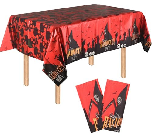 2 Stück Halloween Dekoration Tischdecke,Halloween-Sensenmann Tischdecke,Rechteckige wasserdichte Halloween Tischdecke,Rot Halloween Foil tablecloth für Drinnen Draußen Halloween Party Deko