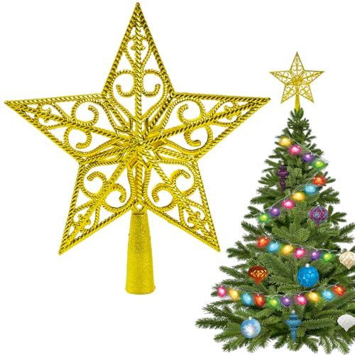 Punta de árbol de Navidad, estrella, vintage, ligera, clásica, de plástico, ahuecada, estrella, estrella para árbol de Navidad, ideal para decoración de árbol de Navidad, color dorado