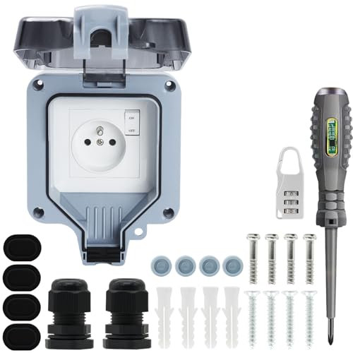 Prise Exterieure Etanche IP66 Double Prise de Courant et Volet de Protection Multiprise Electrique Murale de Jardin, Prise Anti-Poussière et Coupe-Vent avec Interrupteur, Voyant Lumineux (MPG1-FSN)