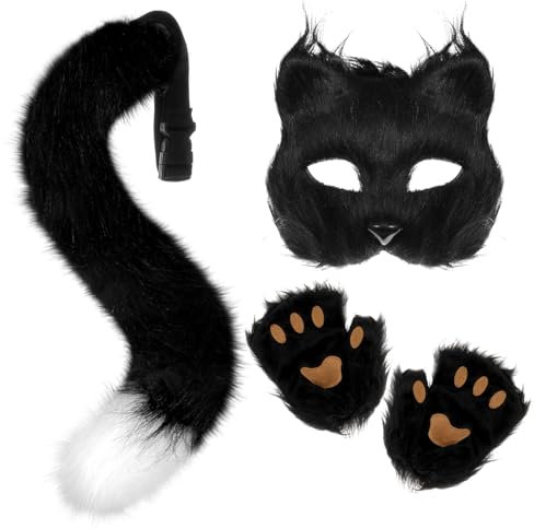 XEPST Animale Fox Costume Set con Therian Mask and Tail, Maschera e Coda da Volpe Therian Set di Accessori per Halloween Cosplay Costume Fancy Dress Carnevale, Nero