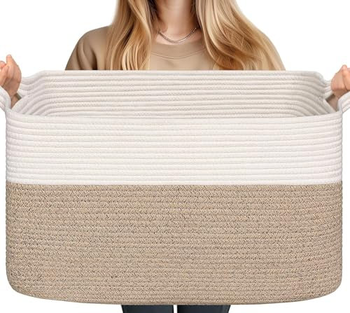 BUOAZR Grand Panier à Linge Tressé en Coton, 63L, avec Anse, 55x30 cm Corbeille à Linge de Corde en Coton, Panier de Rangement Pliables, pour Vêtements, Jouets, Linge, Salon, Chambre, la Salle de Bain