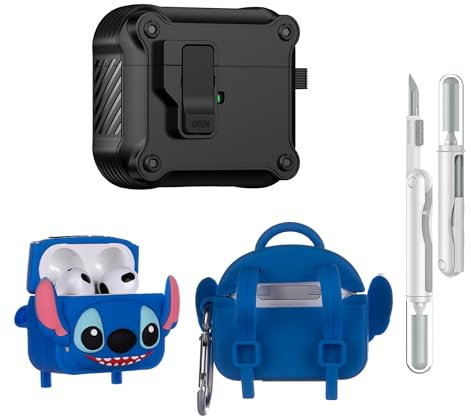 LEWOTE Custodia protettiva 3 in 1 compatibile con Apple AirPods 3 in 1 con kit di pulizia e portachiavi (borsa Stitch)