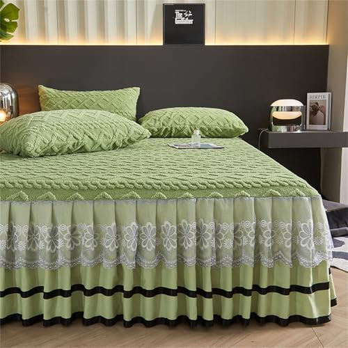 Odot Jacquard Flanell Bettrock mit Rüschen, Spitze Design Bettvolants Spannbettlaken mit Volant Matratzenschoner Spannbetttücher Weiche Spannbetttuch Bettlaken (Grün,200x220cm)