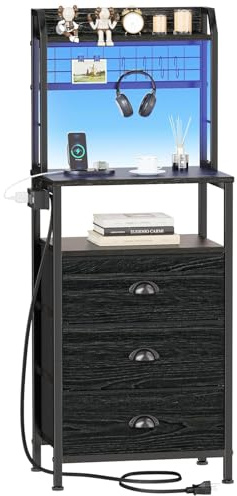 Furologee 111,8 cm hoher Nachttisch mit Ladestation, Nachttisch mit LED-Lichtern, Beistelltisch mit 3 Schubladen und Ablagen, Nachttisch mit Stecktafel für Schlafzimmer, schwarze Eiche