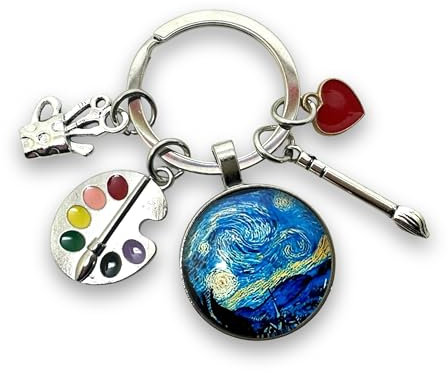 Cadeau porte-clés « La nuit étoilée », Van Gogh, peintre, peinture, toile avec cabochon en verre et breloques palette, pinceau, pastel et coeur, création