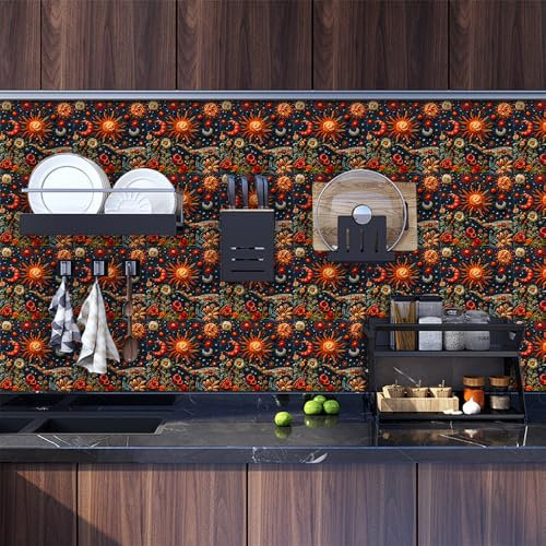Mosaikfliesen Sonne Orange Blume Fliesenaufkleber PVC Hitzebeständig Klebefliesen Küche Bad Wasserdicht Tile Sticker Ölfest Selbstklebende Fliesen Badezimmer Küchenrückwand 15x15cm/20 Pcs