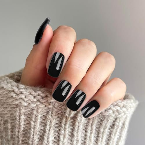 24 Faux ongles, faux ongles courts avec colle, ongles à presser, ongles à coller amovibles pour Noël, Halloween, femmes, filles, accessoires pour le nail art (noir)
