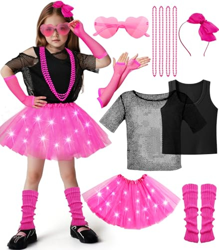 vamei 80er 90er anni costume per bambine LED tutu gonna rosa maniche corte in rete orecchini collana scaldamuscoli guanti a rete festa vestito elegante per bambine (M)