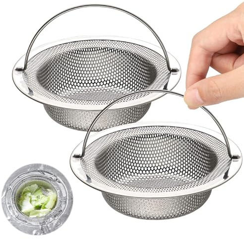 2 Pack Kitchen Sink Strainer, Stainless Steel Large Sink Sieve with Lift-up Handle, Dia 7.5cm Anti Clogging Drain Strainer Sink Food Catcher Basket, Outer Rim 11cm, sink strainer basket, sink drainer