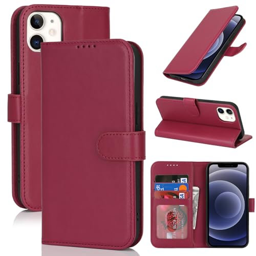 Zouzt Hülle für iPhone 12 Mini 5,4-Zoll, Stoßfestes PU Leder Handyhülle Lederhülle Klapphülle mit Kartenhalter und Standfunktion Flip Leather Wallet Phone Cover (Rot)