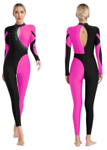 XINLIANYI Tuta da donna per pattinaggio artistico, costume da danza classica, con buco della serratura sul retro, maniche lunghe, collo a lupetto, Rosa acceso, L