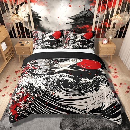 Loussiesd Japanische Welle Bettwäsche Set 155x220cm Crane Japanischer Stil Bettbezug Set Exotische Orientalische Betten Set Japanische Ukiyoe Traditionelle Retro Thema Bettwäsche-Set