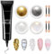Metallic Mirror Chrome Nail Powder Set, 4PCS Pearl Nail Pigment Powders with No Wipe 3D Sculpture Gel, Iridescent Nail Powder & Embossing 3D Nail Gel for Nail Designs DIY Nail Painting Carved