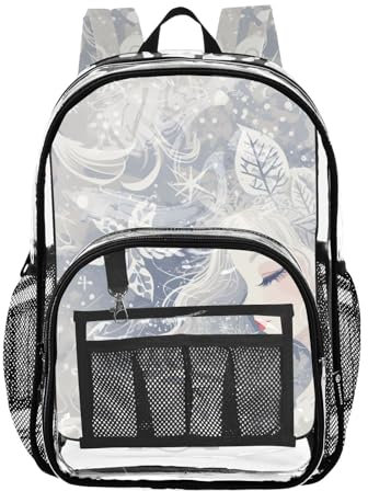 Transparente PVC-Tasche mit Feen-Motiv, personalisierbar, für Schule, Kinder, transparente Büchertasche für Erwachsene, Grau / Weiß, Feengrau-weißes Mädchen, 1 size