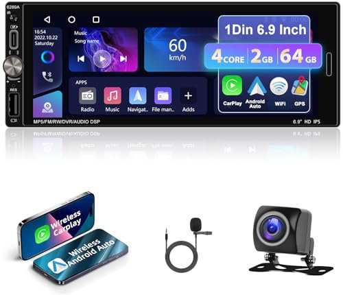 Motorsi 2GB+64GB Wireless CarPlay Android Auto 1 Din Autoradio con Type-C Chargge, 6,9“ Stereo Auto Bluetooth con Schermo, GPS Navigazione WiFi SWC FM/RDS Touchscreen USB +Telecamera Posteriore