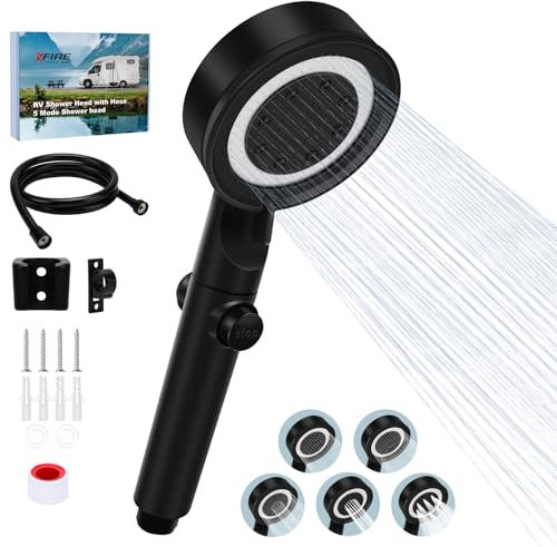Wohnmobil-Duschkopf mit Schlauch, 5 + 1 Modus, Hochdruck-Ersatz mit An-/Aus-Schalter, wassersparender Wohnmobil-Duschkopf für Wohnmobil, Wohnwagen (schwarz)