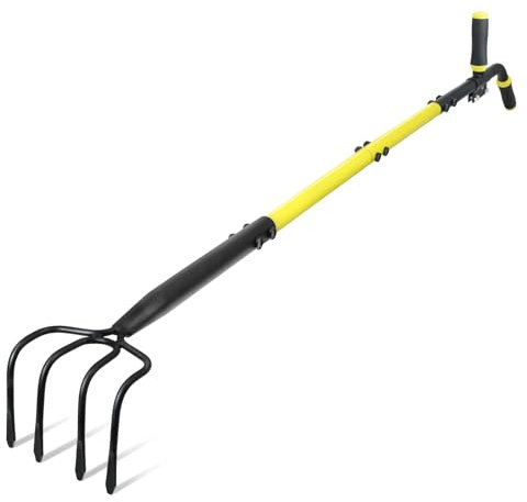 Jardineer Garden Cultivator Rake Long Handle, 4-Tine Hand Cultivator Garden Tool with Auxiliary Handle, Soil Cultivators for Gardening or Yard Tiller for Dirt and Grass