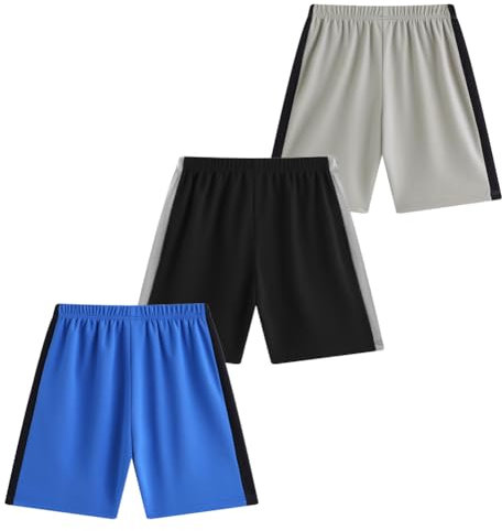 FedMois 3er Pack Kinder Jungen Training Shorts Sporthose, Schwarz, Grau und Blau, 6 Jahre
