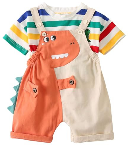 AOOPOO Bebè Bambini Ragazzi Abbigliamento Set Maglietta a Maniche Corte a Righe Arcobaleno Cotone + Pantaloncini Corti Salopette Estiva con Motivo Dinosauri 3D Salopette Corta 6 Mesi-4 Anni