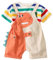 AOOPOO Bebè Bambini Ragazzi Abbigliamento Set Maglietta a Maniche Corte a Righe Arcobaleno Cotone + Pantaloncini Corti Salopette Estiva con Motivo Dinosauri 3D Salopette Corta 6 Mesi-4 Anni