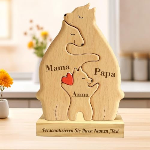 Personalisiertes Holzkunstpuzzle der Bärenfamilie mit 2-7 Namen Graviert, Skulpturen Desktop Ornament Home Tischdekoration, Geschenke für Muttertag, Vatertag, Familie, Mama, Papa (A-1)