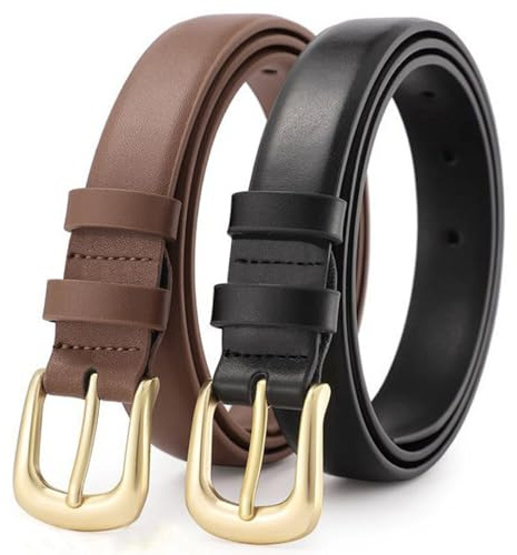 LUFFLOK Cinture in Pelle PU, Cintura Marrone Nera Firmata per Donne e Uomini, Cintura in Pelle Regolabile, Sottile in Pelle per Vita (Nero + Marrone)