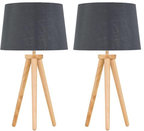 Set of 2 Modern Light Oak Table Lamp or Bedside Lights, Wood Tripod Design, Grey Silver Inner Shades
