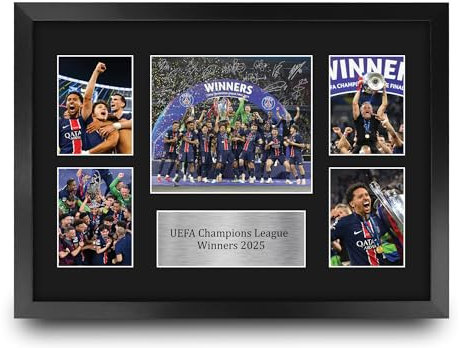 HWC Trading Paris St. G Champions League Winners 2025 Cadeaux imprimés avec photo autographe signée pour les fans et supporters de football - A3 Encadré