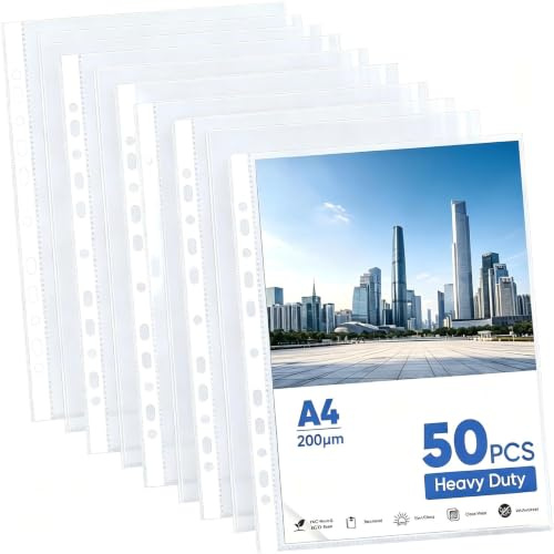 Klarsichthüllen, A4, A4, transparente Kunststoffhüllen, oben offen, 11 Löcher, Blattschoner für 2/3/4-Ringbuch zum Abheften von Ordnern, Hüllen, Dokumenten (50 Stück, 10 C (0,2 mm)
