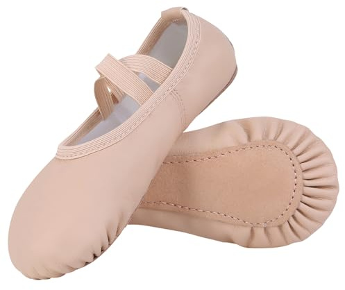 Acfoda Ballet Shoes for Girls Leather Full Sole Dance Flats with Elastic Straps Ballerina Slippers Gymnastics Yoga Women Adults Beige 5 UK