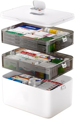Junrvivy Boîte de rangement pour médicaments à 3 étages, Organisateur de trousse de médicaments, Boîte de rangement pour médicaments avec couvercle, Coffre d'urgence familial, Boîte de médicaments