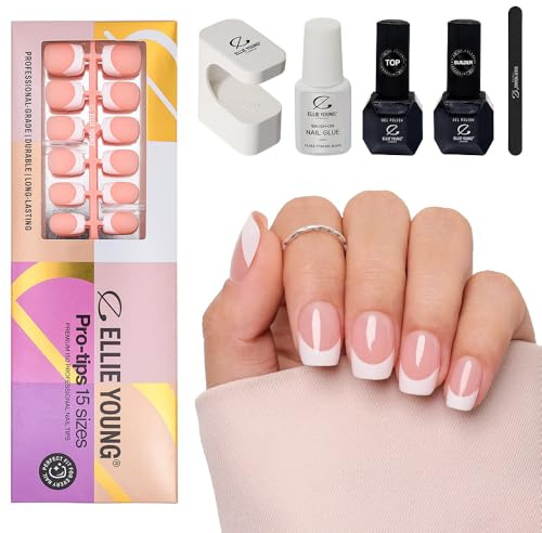 Ellie Young 150pcs French Nail Tips Pre-made, Press On Gel Nails Nude Nail,15 Sizes, Soft Gel Nail Extensions for Easy DIY/Party/Wedding (SET)French Short Square
