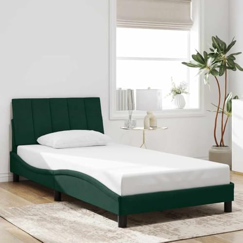 Ziaphsol Hanko Bettgestell Dunkelgrün 100x200 cm, Samt Polsterbett mit Kopfteil, Wellendesign, Kiefernholz Lattenrost für Schlafzimmer Möbel, ohne Matratze