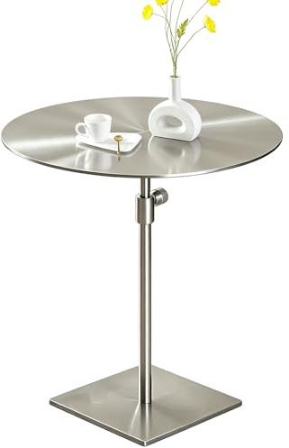 Hamankim Kaffee-Beistelltisch aus Edelstahl, Küchen-Esstisch, moderner runder Bartisch, hohe Bistrotische mit höhenverstellbarem, silbernem Sofa-Beistelltisch für Heimdekoration(Top 35cm)