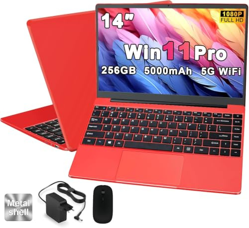 NOTODD PC Portatile 14 Pollici 256GB 1080P 2.4G+5G Win 11 - Red | Notebook Computer Supporta La Scheda SSD La Scheda TF Estesa, Wireless Bluetooth Mouse Wifi, Italiana Tastiera