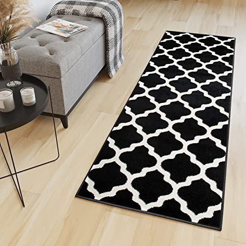 LÄUFER BRÜCKE Flur Teppich - Muster MAROKKANISCH MODERN IN SCHWARZ 80 x 100 cm