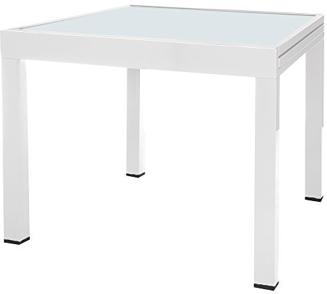 LOLAhome Mesa de jardín Thais Extensible de Aluminio y Cristal Blanco de 90x90x74 cm
