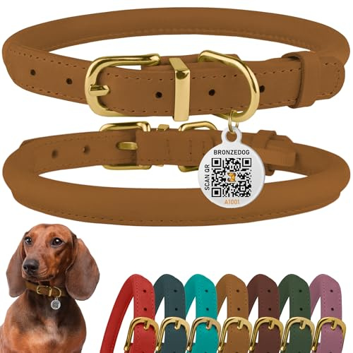 BRONZEDOG Rolled Leather Dog Collar with QR ID Tag Adjustable Soft Round Collars for Small Medium Large Dogs Puppy Cat (Light Brown, 40-48 cm)