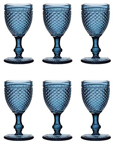 EME Mobiliario Copa de Cristal Tallado Picos en Color Azul Set 6 Unidades