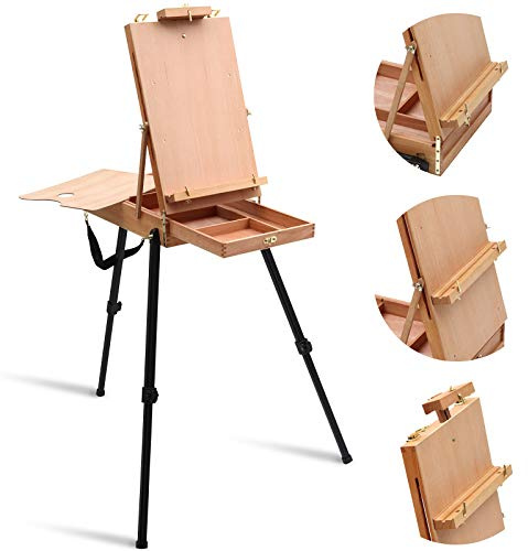 Falling in Art Light Weight French Style Field and Sketchebox Easel with Aluminum Tripod, Adjustable Beechwood Tripod Standing Easel with Drawer, Palette