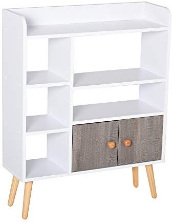 HOMCOM Bookcase, Freestanding Book Shelf with Storage Cabinet, 6 Shelves and Wood Legs for Home Office Display, White and Grey, 24D x 71.8W x 90.8H cm