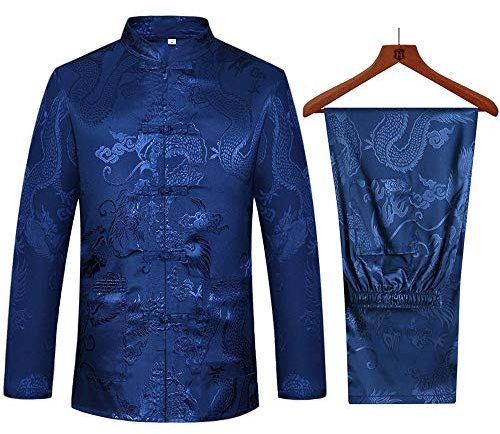 wecotton Tang Suit Men Hanfu Chinese Traditional Clothes Kung Fu Shirt Uniform Long Sleeved Coat Tops and Pants (Navy Blue, Medium)