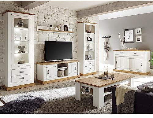 Lomadox Wohnwand Set inkl. Sideboard und Couchtisch im Landhaus Design Pinie Weiß mit Wotan Eiche, B/H/T ca. 324/204/40-46 cm