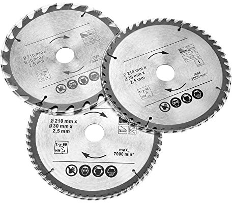 Circular Wood Saw Blade, 210mm 24, 48T, 60T, TCT Saw Disc Blade 30mm Bore, Power Tools, for Cutting Wood and Veneered Plywood, 3 Pieces, Teeth Carbide Finishing Saws
