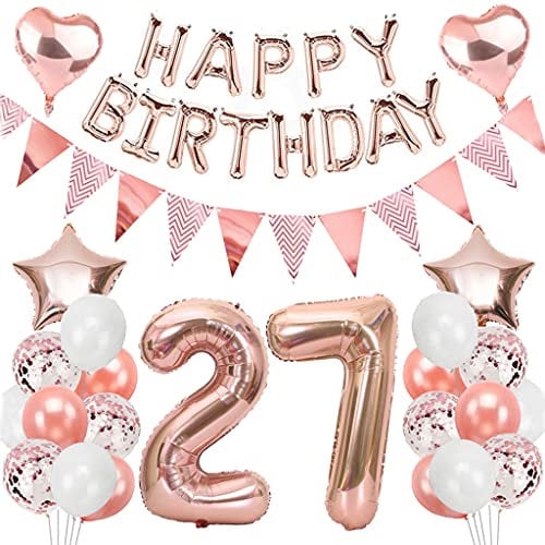 Ouceanwin Geburtstagsdeko 27 Jahre Frau, Rosegold Luftballon 27. Geburtstag Deko Set, Folienballon Zahl 27, Helium Ballon Happy Birthday Girlande für 27. Geburtstag Frauen Party Deko