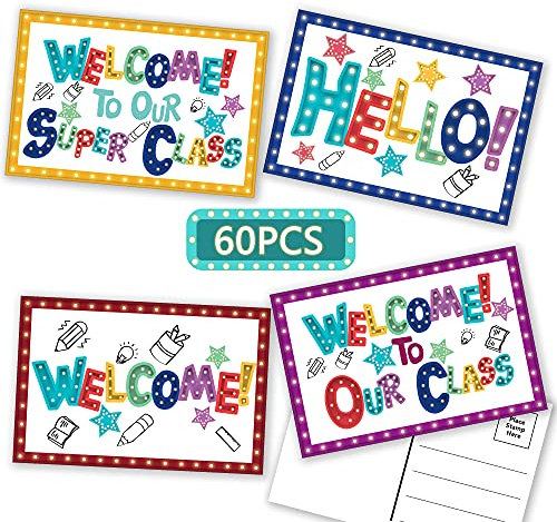 codree 60 Stück Festzelt Willkommens-Postkarten, 10,2 x 15,2 cm Welcome to Our Class Themen-Postkarte Willkommensgrußkarten Ermutigung Notizkarten Lehrer Postkarten für Kinder, 4 Designs