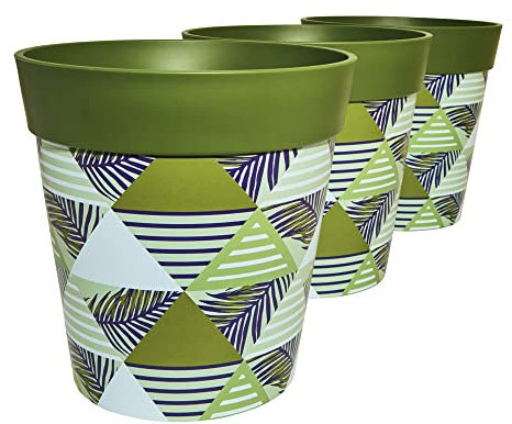 Hum Flowerpots, 22cm Set of 3, Various Patterns Colours and Sizes, Indoor/Outdoor Plastic Plant Pots, Green Geometric