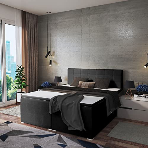 FEDVE Boxspringbett River | 200x200 cm | Geräumiges, gestepptes Bett im LOFT-Stil | Für jedes Schlafzimmer geeignet (Öko-Leder - Soft 11, Schwarz)