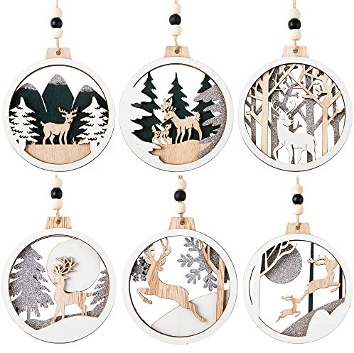 Joiedomi 6 Stück Weihnachtsdekoration zum Aufhängen aus Holz, Rentier-Ornamente für den Innen- und Außenbereich, Party-Dekoration, Baumschmuck, Veranstaltungen und Weihnachten